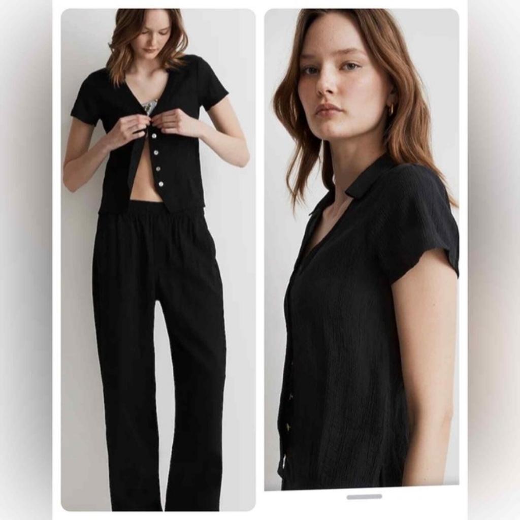 Madewell Notched V-Neck Button Up Top Black Collared Mother Of Pearl Buttons Xs